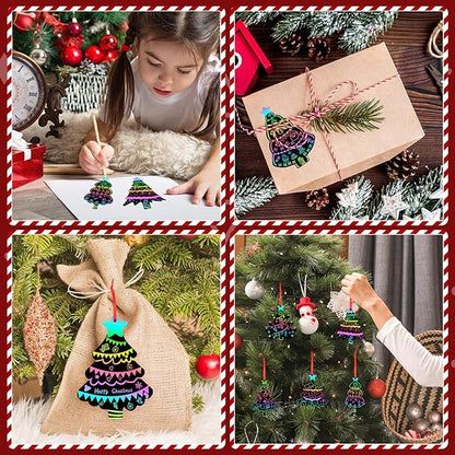 FEBSNOW 48 PCS Christmas Crafts for Kids, Magic Rainbow Christmas Scratch Art Paper Cards Christmas Tree Hanging Ornaments Christmas Gifts for Party Favors Games