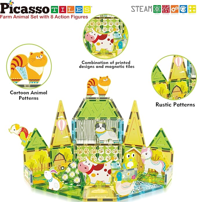 PicassoTiles Magnet Tile Building Blocks Farm Animal Toy Set with 8 Character Action Figures Magnetic Tiles STEM Learning Kit Playset Educational Pretend Play Preschool Toddler Child Kid Age 3+ PTQ17