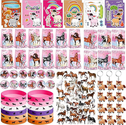 113 PCS Pink Horse Party Favors Set, 41 Horse Stickers, 12 Goodie Bags,12 Button Badges, 12 Keychains, 12mini notepads,12 rubber bracelets for Girl Women Cowgirl Horse Birthday Party Supplies (Pink)
