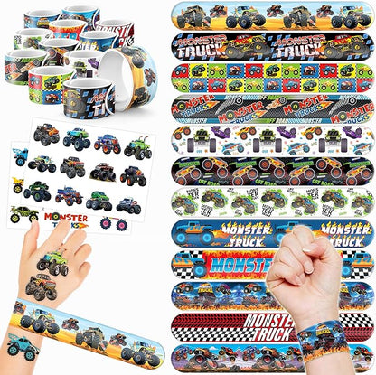 48PCS Monster Truck Party Favors - 24 Tattoos & 24 Slap Bracelets, Perfect for Big Car-Themed Birthdays, School Rewards, and Classroom Prizes for Boys & Girls