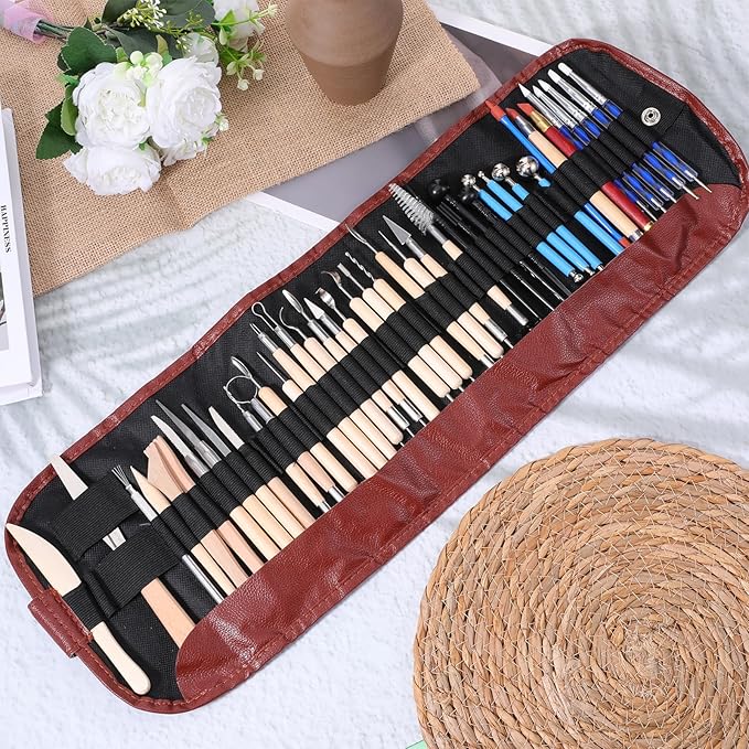 43 Pcs Pottery Tools for Sculpting Double Sided Ceramic Clay Carving Tool Set with Carrying Case Bag Polymer Clay Tools Kit for Trimming, Beginners, Pros, Adults, Supplies