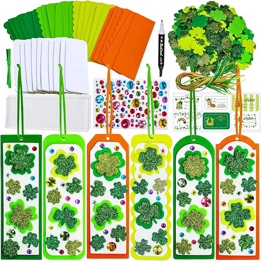 Winlyn 24 Sets St. Patrick's Day Decorations DIY 3D Shamrock Bookmark Craft Kits Blank Foam Bookmarks Lucky Shamrock Four Leaf Clover Stickers for Kids Reading Gifts Classroom Activities Art Projects