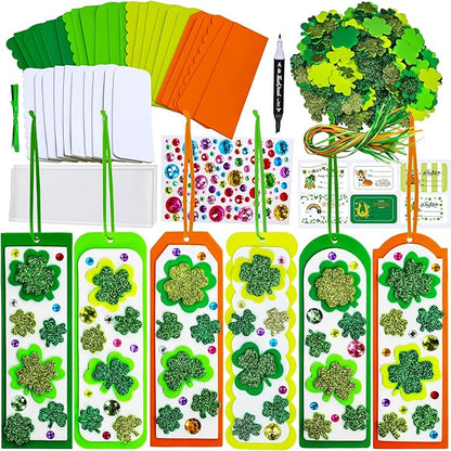 Winlyn 24 Sets St. Patrick's Day Decorations DIY 3D Shamrock Bookmark Craft Kits Blank Foam Bookmarks Lucky Shamrock Four Leaf Clover Stickers for Kids Reading Gifts Classroom Activities Art Projects