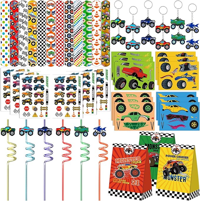 Monster Truck Party Favors Set 72 PCS Truck Theme Slap Bracelets Keychains Tattoo Stickers DIY Stickers Drinking Straws Party Gift Bags for Kids Boys Birthday Party Supplies