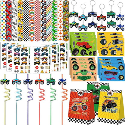 Monster Truck Party Favors Set 72 PCS Truck Theme Slap Bracelets Keychains Tattoo Stickers DIY Stickers Drinking Straws Party Gift Bags for Kids Boys Birthday Party Supplies