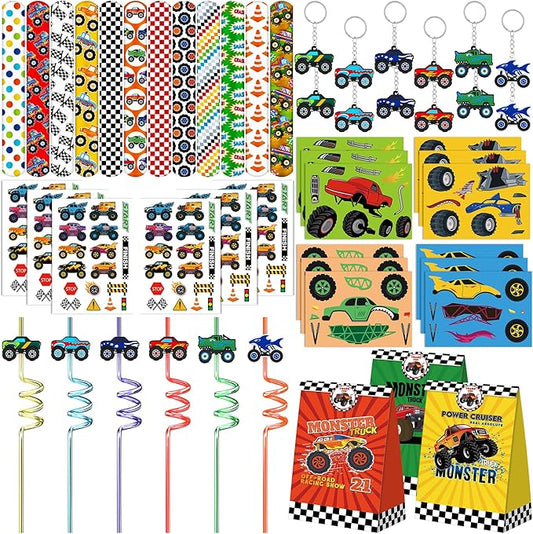 Monster Truck Party Favors Set 72 PCS Truck Theme Slap Bracelets Keychains Tattoo Stickers DIY Stickers Drinking Straws Party Gift Bags for Kids Boys Birthday Party Supplies