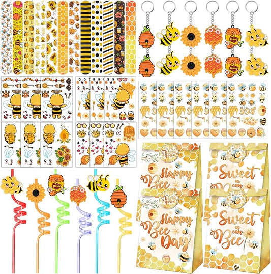 Erweicet Bee Party Favors 72 PCS Cute Bee Slap Bracelets DIY Stickers Honeycomb Temporary Tattoos Keychain Plastic Straws Gift Bags for Bee Day Theme Kids Birthday Party Baby Shower Party Supplies