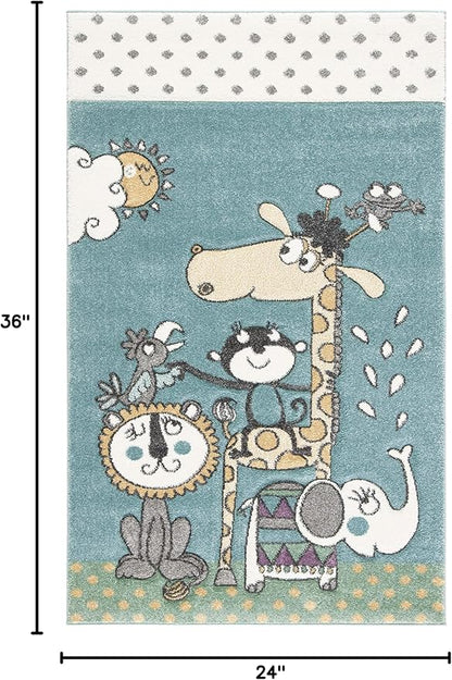 SAFAVIEH Carousel Kids Collection Accent Rug - 2' x 3', Ivory & Blue, Animal Design, Non-Shedding & Easy Care, Ideal for High Traffic Areas for Boys & Girls in Playroom, Nursery, Bedroom (CRK185A)