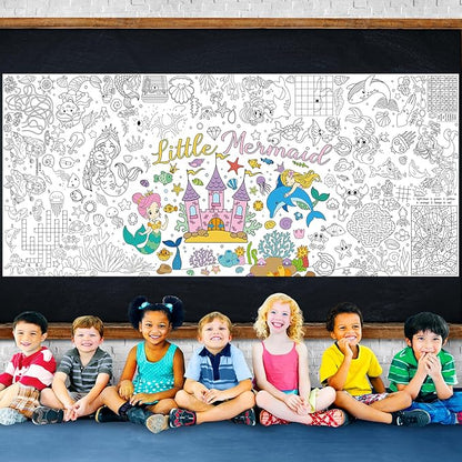 Mermaid Giant Coloring Poster for Kids 30 x 72 Inch, Mermaid Large Coloring Poster Sheets Tablecloth, Mermaid Themed Color-in Activities Games for Kids School Classroom Home Party Supplies Decorations