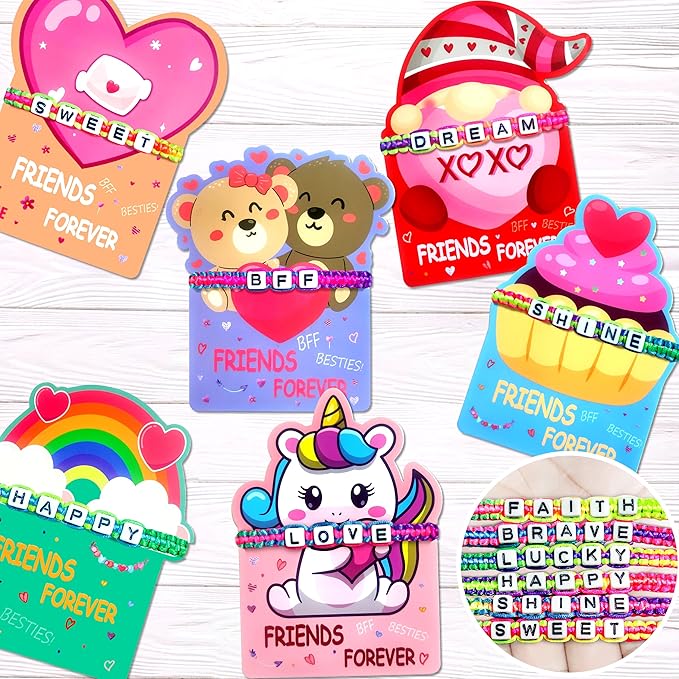 LINAYE Valentines Day Cards for Kids Classroom, 24 Pack Valentines Gift Cards with Friendship Bead Bracelets, Valentines Gift Exchange for Boys Girls, Valentines Party Favors Supplies for Kids