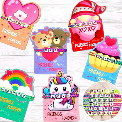 LINAYE Valentines Day Cards for Kids Classroom, 24 Pack Valentines Gift Cards with Friendship Bead Bracelets, Valentines Gift Exchange for Boys Girls, Valentines Party Favors Supplies for Kids