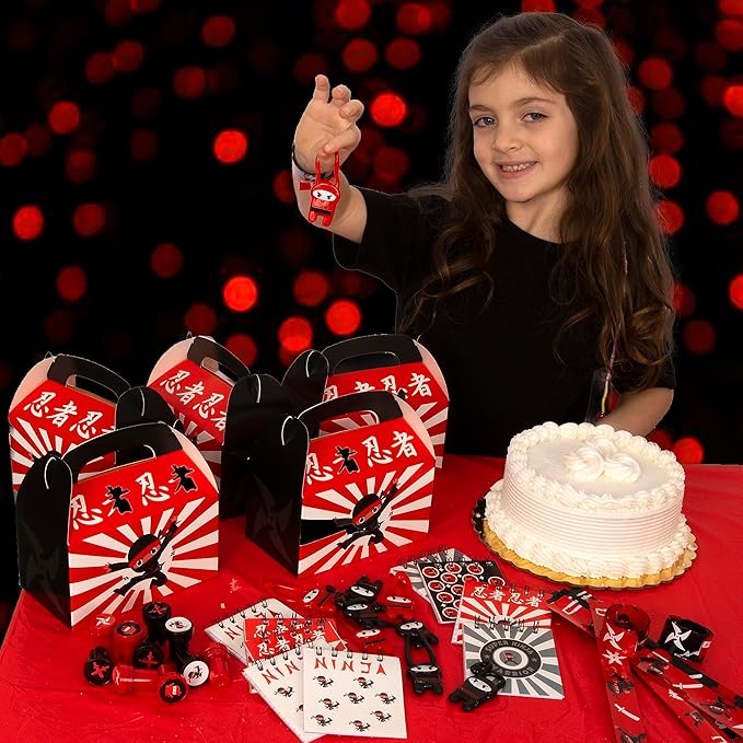 Tigerdoe Ninja Themed Party Supplies 60 Piece Set – Ninja Birthday Party Decorations – Ninja Party Favor Boxes, Notepads, Slap Bracelets, Stamps, and Slingshot Ninja Toys