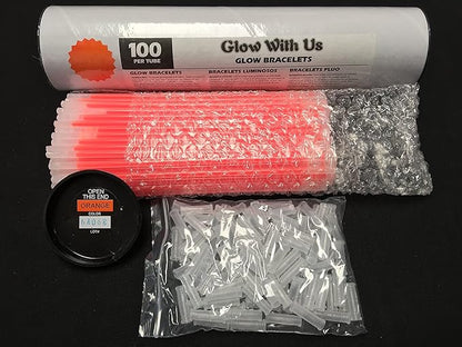 Glow Sticks Bulk Wholesale Bracelets, 100 8” Orange Glow Stick Glow Bracelets, Bright Color, Glow 8-12 Hrs, 100 Connectors Included, Glow Party Favors Supplies, Sturdy Packaging, GlowWithUs Brand