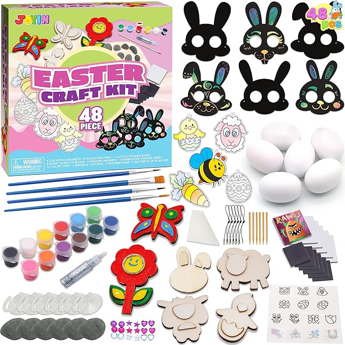 JOYIN 48 PCS Easter Craft Kit Easter Assorted DIY Painting Kit Includes Rocks, Scratch Art Masks, Wooden Eggs and Magnets for Kids Creativity Easter Basket Stuffers, Easter Party Favor, Easter Events