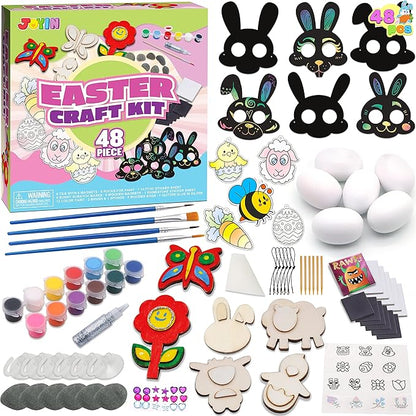 JOYIN 48 PCS Easter Craft Kit Easter Assorted DIY Painting Kit Includes Rocks, Scratch Art Masks, Wooden Eggs and Magnets for Kids Creativity Easter Basket Stuffers, Easter Party Favor, Easter Events