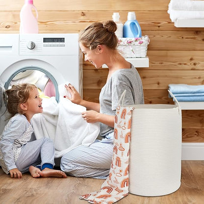 XUANGUO Cotton Rope Laundry Basket Hamper for Clothes Woven Storage Basket for Living Room Bedroom Boho Tall Rope Baskets for Blanket Toys Pillow Towels Baby Nursery Hamper Bin Large white