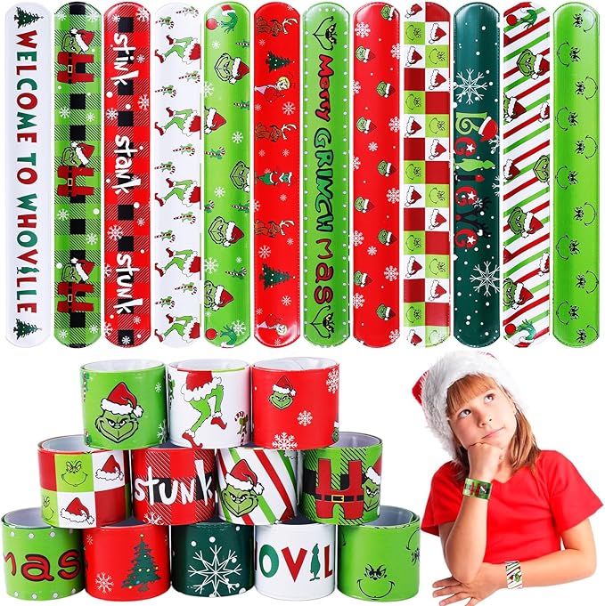 48PCS Christmas Slap Bracelets, Christmas Party Favors Toys for Kids Xmas Slap Wristbands Snap Bracelets Bulk for Christmas Stocking Stuffers Decoration Gifts Bag Filler
