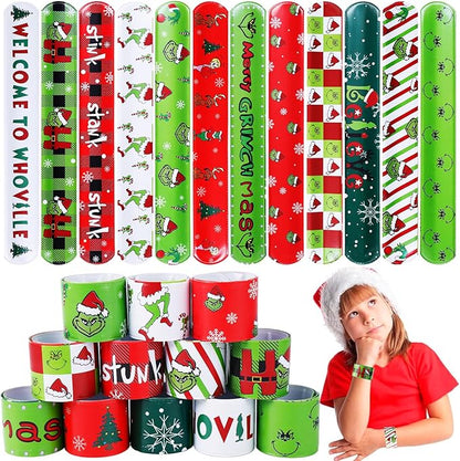 48PCS Christmas Slap Bracelets, Christmas Party Favors Toys for Kids Xmas Slap Wristbands Snap Bracelets Bulk for Christmas Stocking Stuffers Decoration Gifts Bag Filler