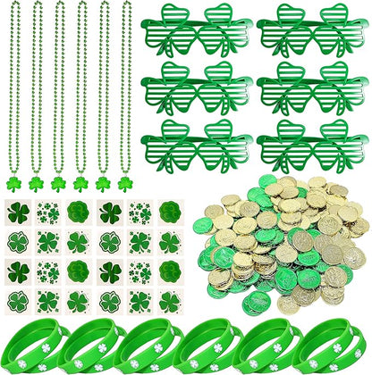 JOYIN 156 Pcs St. Patrick's Day Party Favor Set, 6 Necklaces 6 Eyeglasses 12 Bracelets 72 Temporary Tattoos 12 PCS Mustache 48 Plastic Coins St Patricks Day Accessories