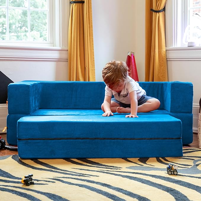 Jaxx Zipline Kids Sofa & Large Ottoman 3 in 1 Fold Out Sofa, Big Kids Edition Blueberry