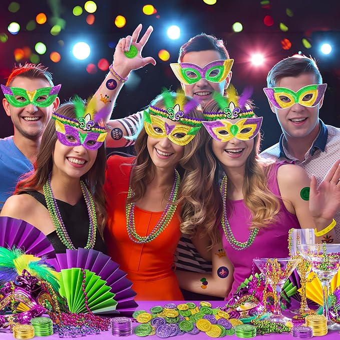 WATINC 186pcs Mardi Gras Party Favors Set, Mardi Gras Masks Headbands Coins Tattoo Stickers Silicone Bracelets Necklaces Beads Assorted for Masquerade Parade Carnival Costume Party Decorations