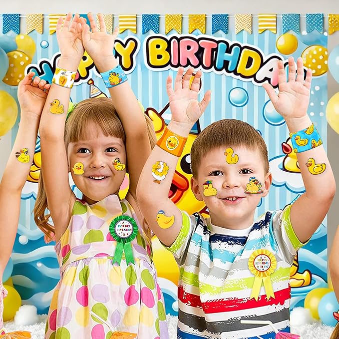 48PCS Duck Party Favors - 24PCS Temporary Tattoos & 24PCS Slap Bracelets - Cute Birthday Party Supplies, Decorations, Baby Shower Gifts, Classroom Prizes, and Rewards for Boys & Girls