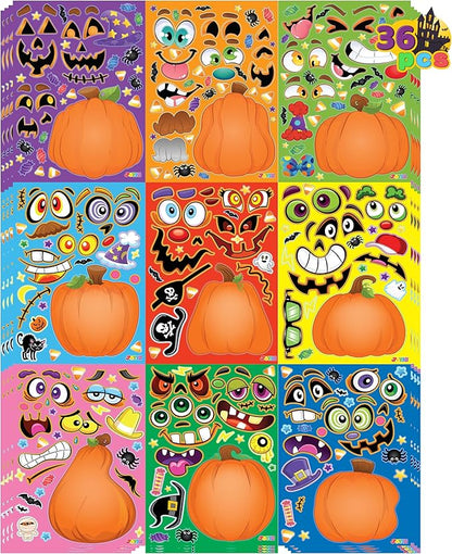 JOYIN 36 PCS Halloween Pumpkin Stickers, Halloween Party Favor for Kids, Art Crafts Party Supplies, Pumpkin Decorating Face Sticker Sheets with 9 Designs, Halloween Goodies Classroom Activities Games