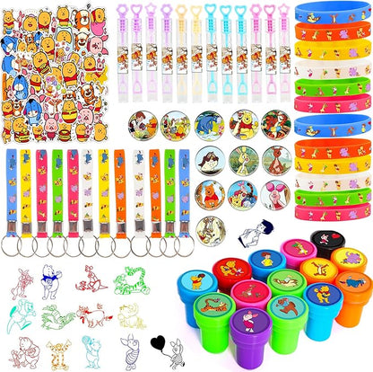 124PCS Bear Baby Shower Party Favor Supplies, Themed Birthday Decorations Including 12 Bracelets, 12 Keychains, 12 Button Pins, 50 Stickers, 14 Stampers, 12 Bubble Wands and Stickers, Yellow
