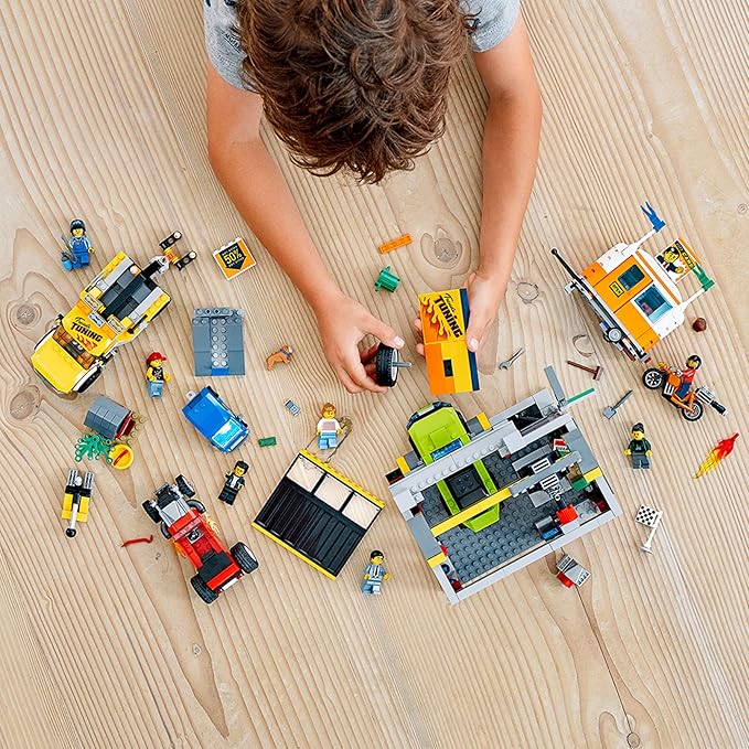 LEGO City Tuning Workshop 60258, Features a Toy Garage, Car Shop, Camping Trailer, Motorcycle, Crane and Tow Truck in One Fun Playset, Makes a Great Gift for Kids