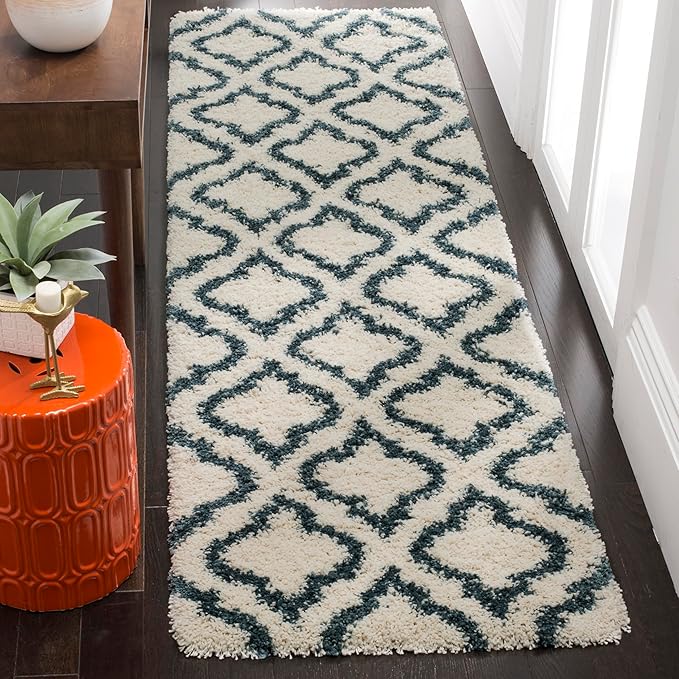 SAFAVIEH Hudson Shag Collection Runner Rug - 2'3" x 8', Ivory & Slate Blue, Moroccan Design, Non-Shedding & Easy Care, 2-inch Thick Ideal for High Traffic Areas in Living Room, Bedroom (SGH284T)