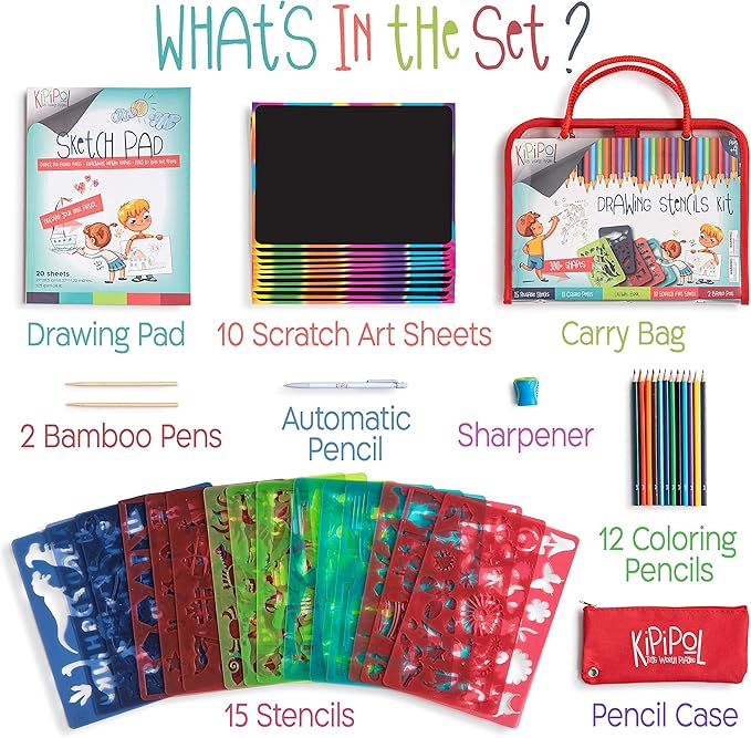 Kipipol 63 Pcs Drawing Stencils for Kids Ages 4-8 - 8-12 and Up - Arts and Crafts for Girls and Boys - Kids Drawing kit - Art Set- 15 Art Stencils, 260+ Designs -Scratch Art- Creativity Gifts & Toys