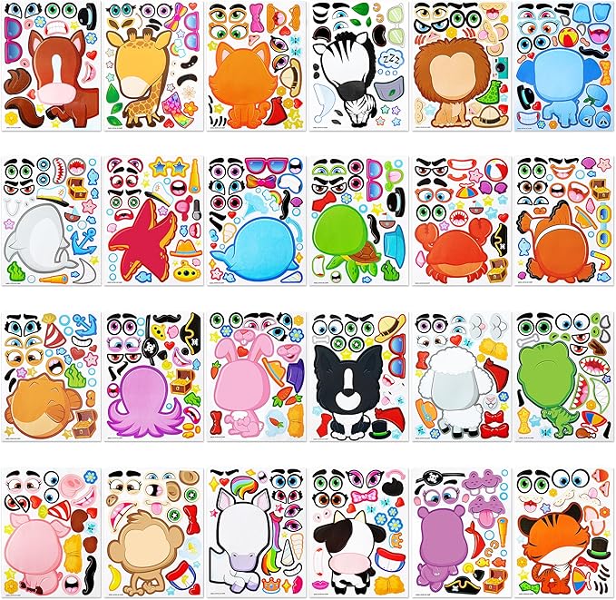JOYIN 24PCS 9"x6" Make a face Stickers for Kids, Make Your Own Stickers, Mix and Match with Safaris Sea Farm and Dinosaur Animals, Party Favors Kids Crafts, Goodie Bags Stuffers
