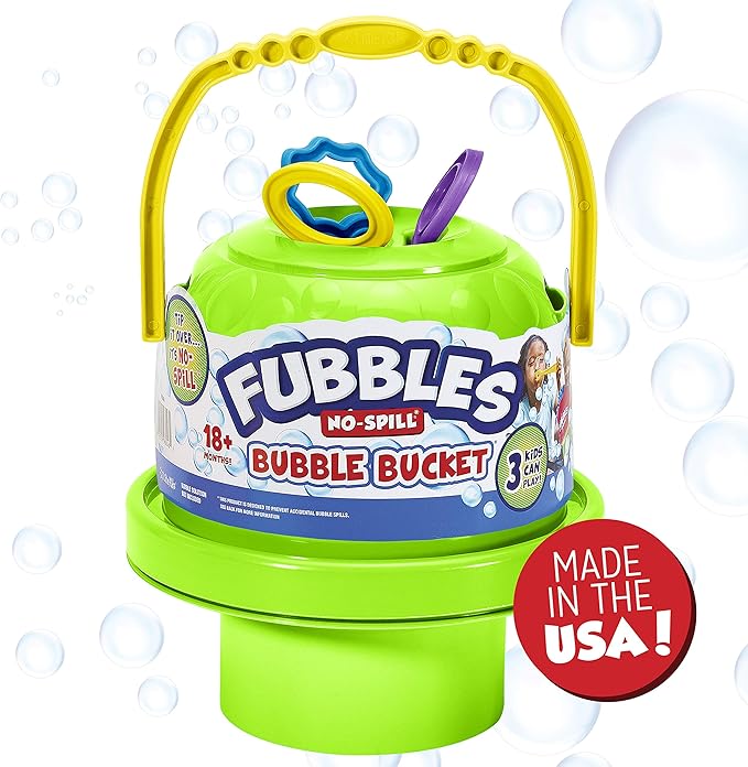 Fubbles Bubbles No-Spill Big Bubble Bucket in Green | Bubbles for Toddlers and Kids of All Ages | Includes Fubbles Bubbles Bucket and 3 Bubble Wands, Made in The USA