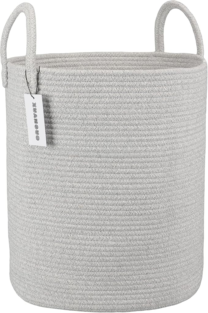 XUANGUO Cotton Rope Laundry Basket Hamper for Clothes Woven Storage Basket for Living Room Bedroom Boho Tall Rope Baskets for Blanket Toys Pillow Towels Baby Nursery Hamper Bin Large light grey