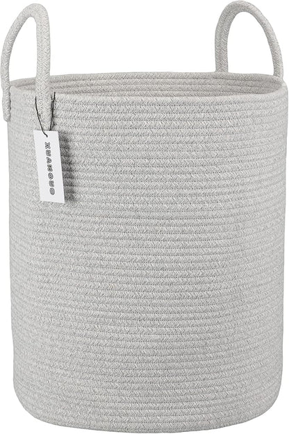 XUANGUO Cotton Rope Laundry Basket Hamper for Clothes Woven Storage Basket for Living Room Bedroom Boho Tall Rope Baskets for Blanket Toys Pillow Towels Baby Nursery Hamper Bin Large light grey