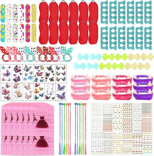 120 PCS Spa Party Favors for Girls Multiple Spa Party Supplies with Nail File Toe Separators Pink Tote Bags Colorful Hair Braids Clips Eye Mask Nail Stickers Butterfly Tattoo Stickers