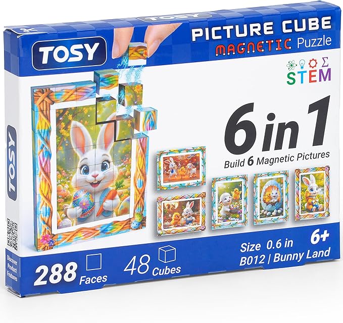 TOSY Picture Cube Bunny Land: 6-in-1 Magnetic Picture Puzzle, Easter Basket Stuffers STEM Gift for Kids & Adults, 48 Blocks, 288 Faces/Magnets, 0.6 in, B012, Seamless UV Art, Display-Ready Frame