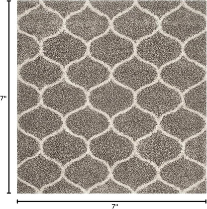 SAFAVIEH Hudson Shag Collection 7' Square Grey/Ivory SGH280B Moroccan Ogee Trellis Non-Shedding Living Room Bedroom Dining Room Entryway Plush 2-inch Thick Area Rug