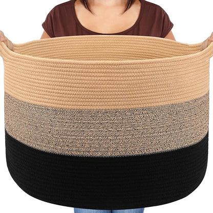 Maliton Large Woven Blanket Basket, 22" X 22" X 14" Storage Baskets for Organizing, Round Cotton Rope Toy Basket for Living Room, Bedroom- Rope Laundry Hamper with Handles - Nursery Bin