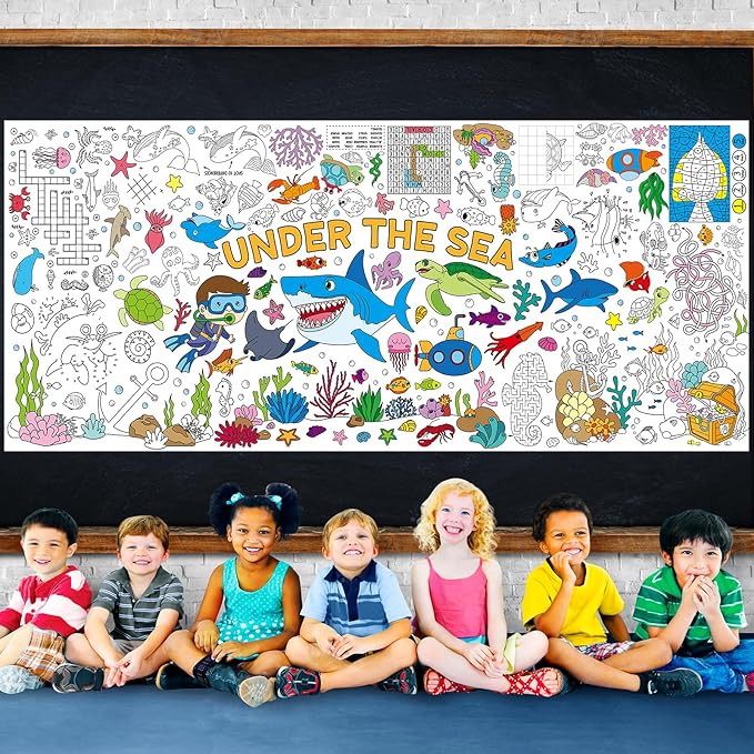Under The Sea Large Coloring Poster for Kids 30 x 72 Inch, Ocean Animals Giant Coloring Paper Tablecloth, Sea Themed Color-in Activities Games for Kids School Classroom Home Party Supplies Decorations