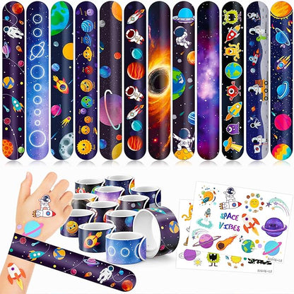 48PCS Space Party Favors - 24PCS Tattoos & 24PCS Slap Bracelets - Astronaut & UFO Birthday Supplies, Classroom Prizes, Party Gifts for Kids & Boys