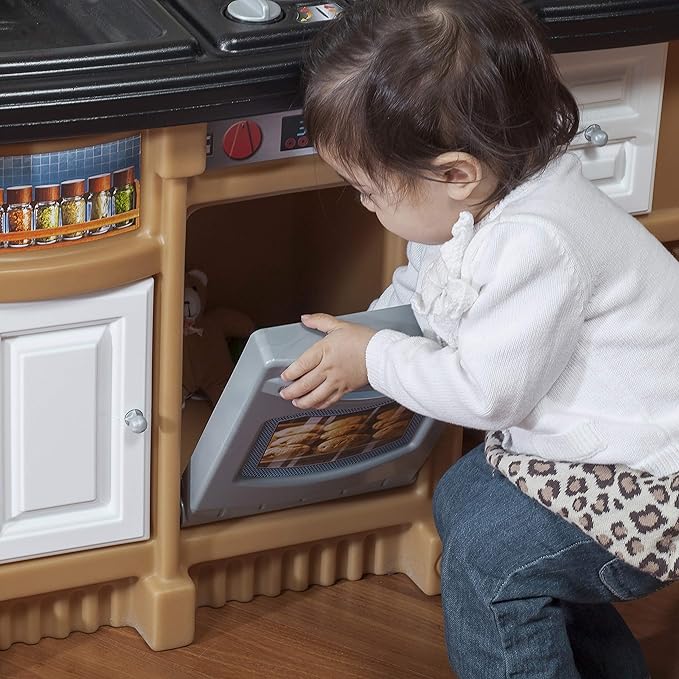 Step2 Lifestyle Custom Kids Kitchen Playset, Indoor/Outdoor Kitchenette, Interactive Play with Lights and Sounds, Made of Durable Plastic, 20 Piece Toy Accessories, Toddlers 2+ Years Old, Tan