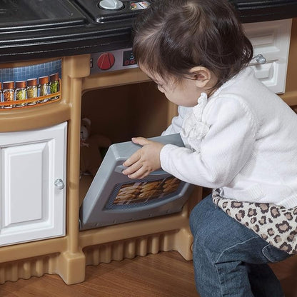 Step2 Lifestyle Custom Kids Kitchen Playset, Indoor/Outdoor Kitchenette, Interactive Play with Lights and Sounds, Made of Durable Plastic, 20 Piece Toy Accessories, Toddlers 2+ Years Old, Tan