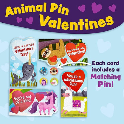 Peaceable Kingdom Valentines Cards for Kids Classroom, Set of 28 Valentines Day Gifts - Animal Pins