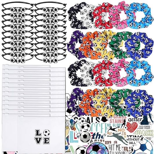 Kolewo4ever Girls' Soccer Gift Set - 160 Pieces Accessory Set Including Soccer Scrunchies, Bracelets, Makeup Bags, and Stickers - Multicolor