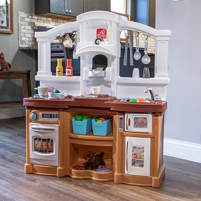 Step2 Fun with Friends Kids Kitchen Playset, Indoor/Outdoor Kitchenette, Interactive Play with Lights and Sounds, Durable Plastic, Includes 25 Piece Toy Accessories, Toddlers 2+ Years Old, Tan