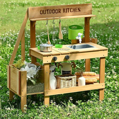 Mud Kitchen for Kids Outdoor, Wood Outdoor Kitchen with Planter Box, Toddler Play Kitchen with Sink, Faucet, Blackboard, Water Cup and Kitchen Accessories for Kids