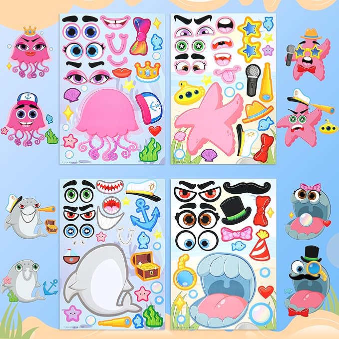 JOYIN 36 Pcs 9"x6" Sea Animals Make a face Stickers for Kids, Make Your Own Ocean Animals Sticker Sheets, Party Favors Kids Crafts, Goodie Bags Stuffers, Classroom Rewards