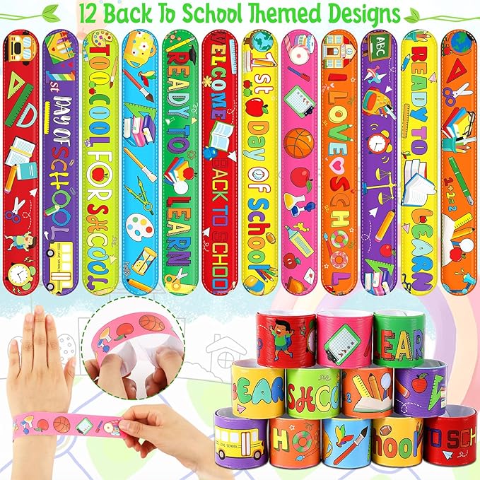 JUNEBRUSHS Back to School Slap Bracelets, 56 Pcs Welcome Back to School Gifts for Kids Students Party Favors Colorful Snap Bracelets Wristbands for First Day of School Party Supplies Decorations