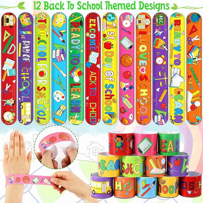 JUNEBRUSHS Back to School Slap Bracelets, 56 Pcs Welcome Back to School Gifts for Kids Students Party Favors Colorful Snap Bracelets Wristbands for First Day of School Party Supplies Decorations